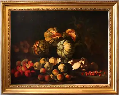 Nature morte aux fruits et aux champignons (XVIIe siècle), « Peintre de Carlo Torre » huile sur toile, 92 × 126 cm, musée Fesch, Ajaccio.
