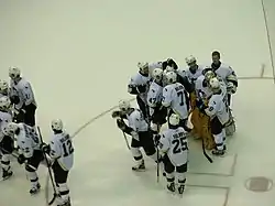 Photo des joueurs des Penguins se congratulant sur la glace.