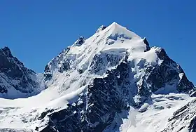 Le Güssfeldtsattel, le Roseg Pitschen, le sommet principal et le Schneekuppe (de gauche à droite).