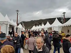 Photographie de la place couverte de monde lors du marché de Noël de 2018.