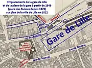 Emplacement de la place de la Gare créée en 1846 indiquée sur fond de plan de 1822