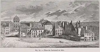 La place lors de la démolition des immeubles à l'intérieur de la cour du Louvre (vers 1850).