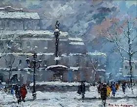 Neige dans l'art : les fontaines de la Place du Théâtre-Français par Maurice De Meyer (1911-1999).