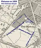 En 1858, urbanisation au nord de la rue d’Alésia, à l’est de la rue de Vanves et au nord du château du Maine