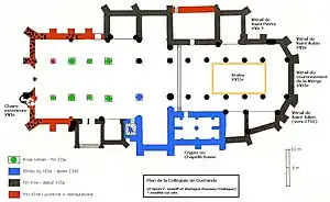 Plan de l'intérieur d'une église, avec indication des époques de construction.