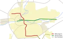 L’axe Est-ouest (en vert).