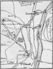 Plan en noir et blanc d'une partie des territoires des communes de Suresnes et Saint-Cloud avec le tracé des lignes de chemin de fer.