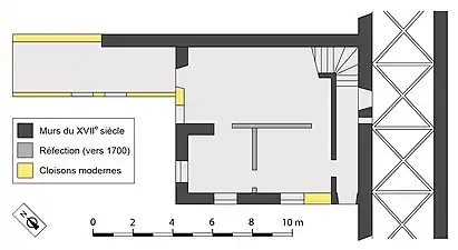 Plan simplifié d'une partie de bâtiment comprenant un couloir, trois pièces et un escalier.
