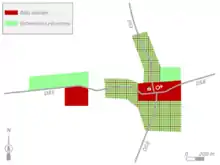 plan schématique d'un centre-bourg avec les anciennes zones bâties et rouge et le constructions récentes en vert