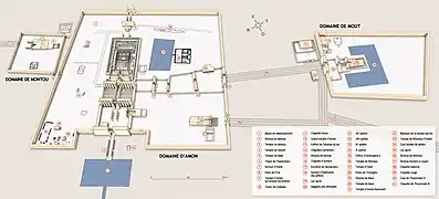 Plan du site de Karnak, avec le domaine de Montou (Temple de Montou, Amenhotep III (XVIIIe dynastie)), le domaine d'Amon (Grande salle hypostyle de Séthi Ier), Akhmenou, Thoutmôsis III (XVIIIe dynastie)] , etc.)  et le domaine de Mout.