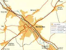 Plan montrant les différentes voies de communication autour de Bar-le-Duc.