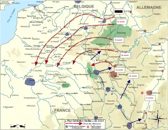 Carte montrant avec des flèches les offensives allemandes prévues en Belgique et dans le Nord de la France.