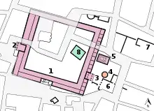 Plan simplifié et colorisé de l'agora romaine montrant les édifices principaux visibles de nos jours selon trois périodes de construction (hellénistique, romaine et ottomane)