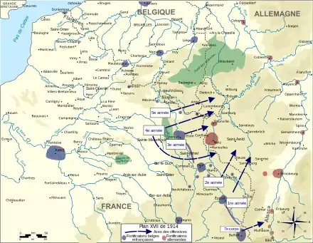 Carte surchargée avec des flèches, celles françaises envahissant l'Alsace et la Lorraine allemandes.