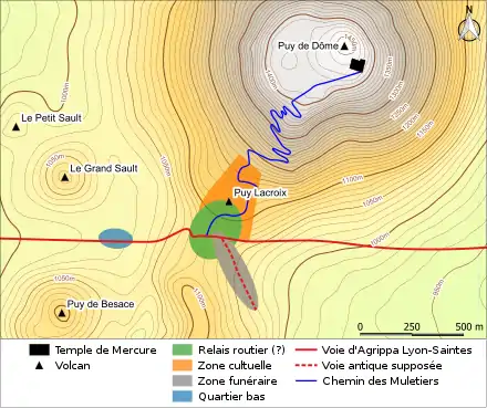 Plan de l'agglomération antique montrant la position du col de Ceyssat par rapport au puy de Döme, ainsi que les quatre secteurs identifiés de l'agglomération.