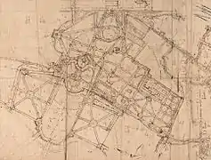 Détail des jardins bas sur le plan de brouillon des jardins de Meudon. ADY (78). Vers 1697.