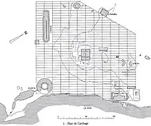 Plan de la Carthage romaine avec localisation du lieu de la découverte