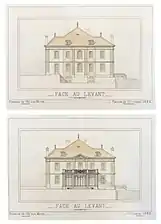 Plans de l'élévation de la façade est avant et après les travaux 1884-1886 par Gustave Brocher.