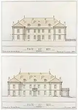Plans de l'élévation de la façade sud avant et après les travaux 1884-1886 par Gustave Brocher.
