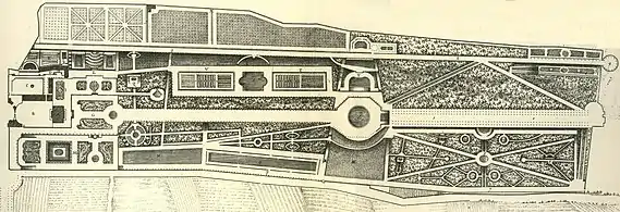 Plan des jardins du château d'Issy par Mariette, vers 1725. Le domaine est alors à son apogée.