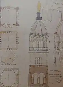 Plans et élévations dessinés au crayon d'un clocher surmonté d'une statue de Marie.
