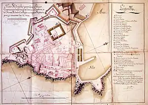 Plan d'Antibes en 1785 avec la représentation de la nouvelle alimentation en eau de la ville.