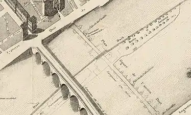 Plan publié en 1836 (détail). À côté du pont Royal, la trace du pont des Tourelles détruit. Sur la deuxième pile (pile de la Pucelle), mention du monument, vers le milieu, pile de la Belle Croix.