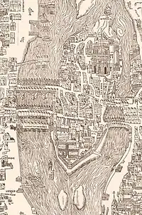 L'île aux Juifs sur le plan de Bâle (1552), elle est en bas de l'île de la Cité, sur la droite.