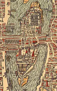 L'île aux Juifs sur le plan de Belleforest (1575), elle est en bas de l'île de la Cité, sur la droite.