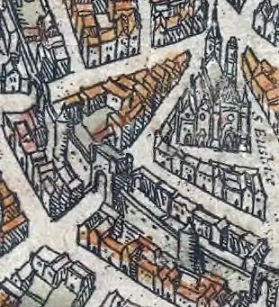 Porte Montmartre sur le Plan de Braun et Hogenberg (vers 1530).