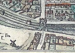 La porte Saint-Honoré un siècle plus tard, vers 1530 (plan de Braun et Hogenberg).