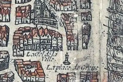 Saint-Jean-en-Grève, au-dessus de l'Hôtel de Ville (Plan de Braun et Hogenberg, c. 1530)