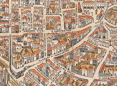 La « rue Quiquetonne » (QVIQVETONNE) sur un extrait du plan de Truschet et Hoyau (vers 1550).