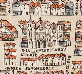 Église Saint-Jacques-la-Boucherie sur le plan de Truschet et Hoyau (c. 1550).