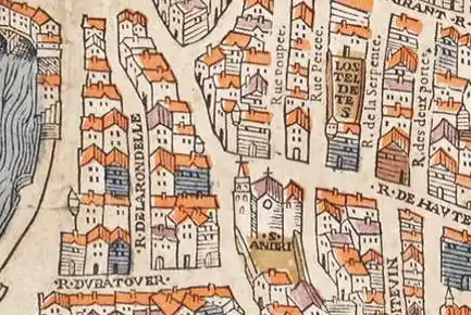 La place et l'église Saint-André-des-Arts dans le plan de Truschet et Hoyau (vers 1550).