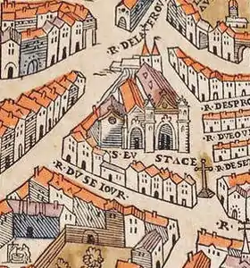 Église Saint-Eustache sur le plan de Truschet et Hoyau (1550).