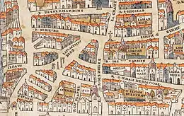 Rue des Bernardins (notée « R.DESBERNARDINS »), partie haute et senestre de l'image, sur le plan de Truschet et Hoyau (1550).