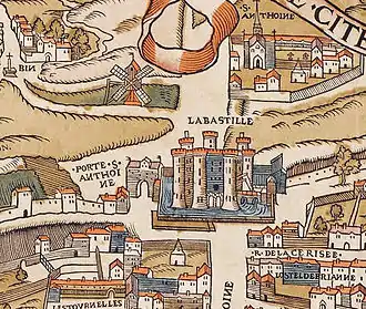 La rue et la porte Saint-Antoine sur le plan de Truschet et Hoyau (vers 1550).