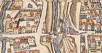 Porte Saint-Denis sur le plan de Truschet et Hoyau (c.1550), vers les nos 285 et 246-248 actuels.