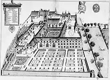 Plan de l'ancienne abbaye de Villeloin au 17e siècle - plan provenant du Monasticon Gallicanum