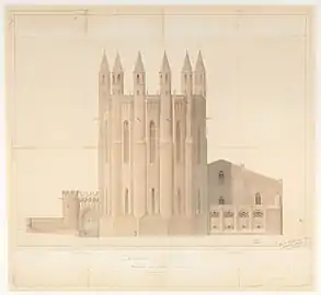 Restauration des abords : porte Dominique, sacristies, par A. L. Hardy (1880).