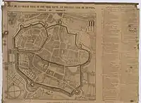 Plan de la vieille ville ou cité, ville neuve, et nouvelle ville de Rennes, capitale de Bretagne. Sur ce plan de 1663, la place des Lices est repérée par le numéro 4, dans la partie supérieure droite.