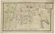 Plan d’époque sur les attaques françaises lors du siège se déroulant d’avril à mai 1748.