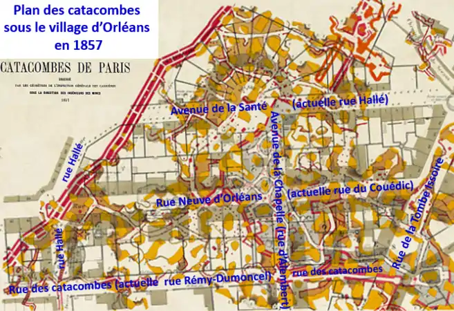 Plan des catacombes sous le village d'Orléans en 1857.