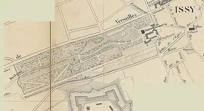 Plan des jardins du château d'Issy vers 1860, Paris, BnF. Leur emprise est intacte.