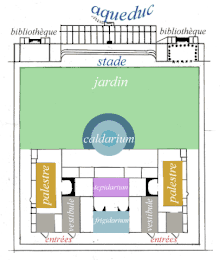 Exemple d'un plan descriptif des thermes romains incluant différents bains thermaux mais également 2 vestibules, 2 palestres, un jardin, un stade, 2 bibliothèques et un aqueduc.
