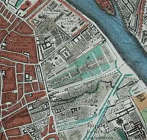 Situation de l'hôpital de la Pitié et de l'hôpital général dit La Salpêtrière sur le plan de Roussel en 1730.
