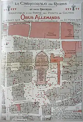 Plan de la cathédrale et du palais du Tau, impacts des quelque 300 obus de la Première Guerre mondiale.