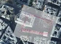 Plan du cimetière et de l'église des Innocents en 1786 superposé au même quartier fin 2011