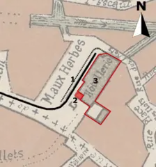 Plan du terminus en 1881 :1. voies de garage2. salle d'attente3. hospice